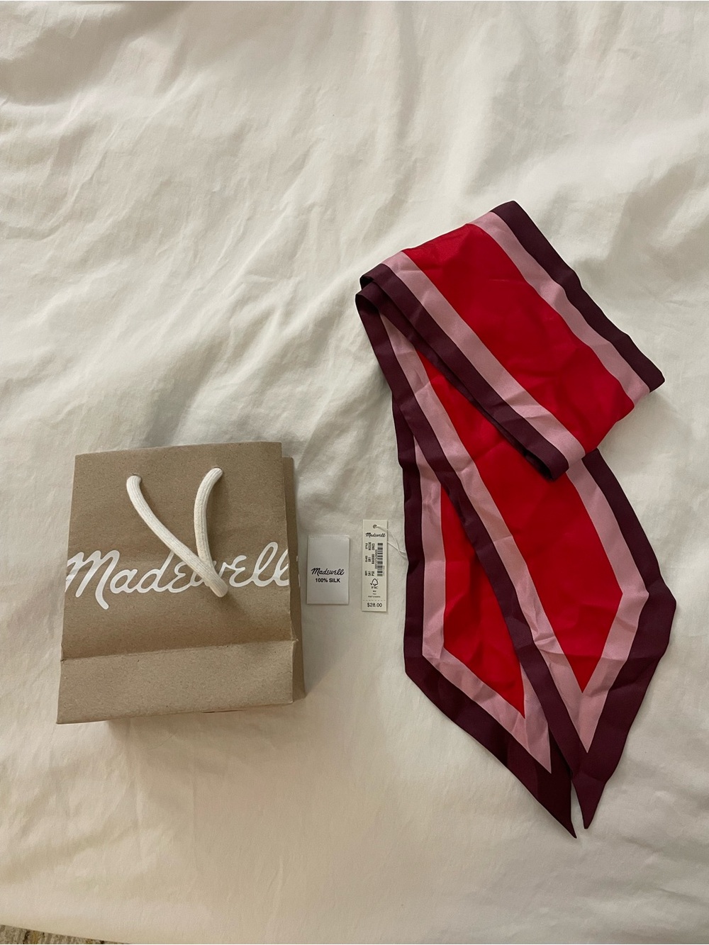 Madewell Pink, Red & Burgundy Striped Silk Scarf